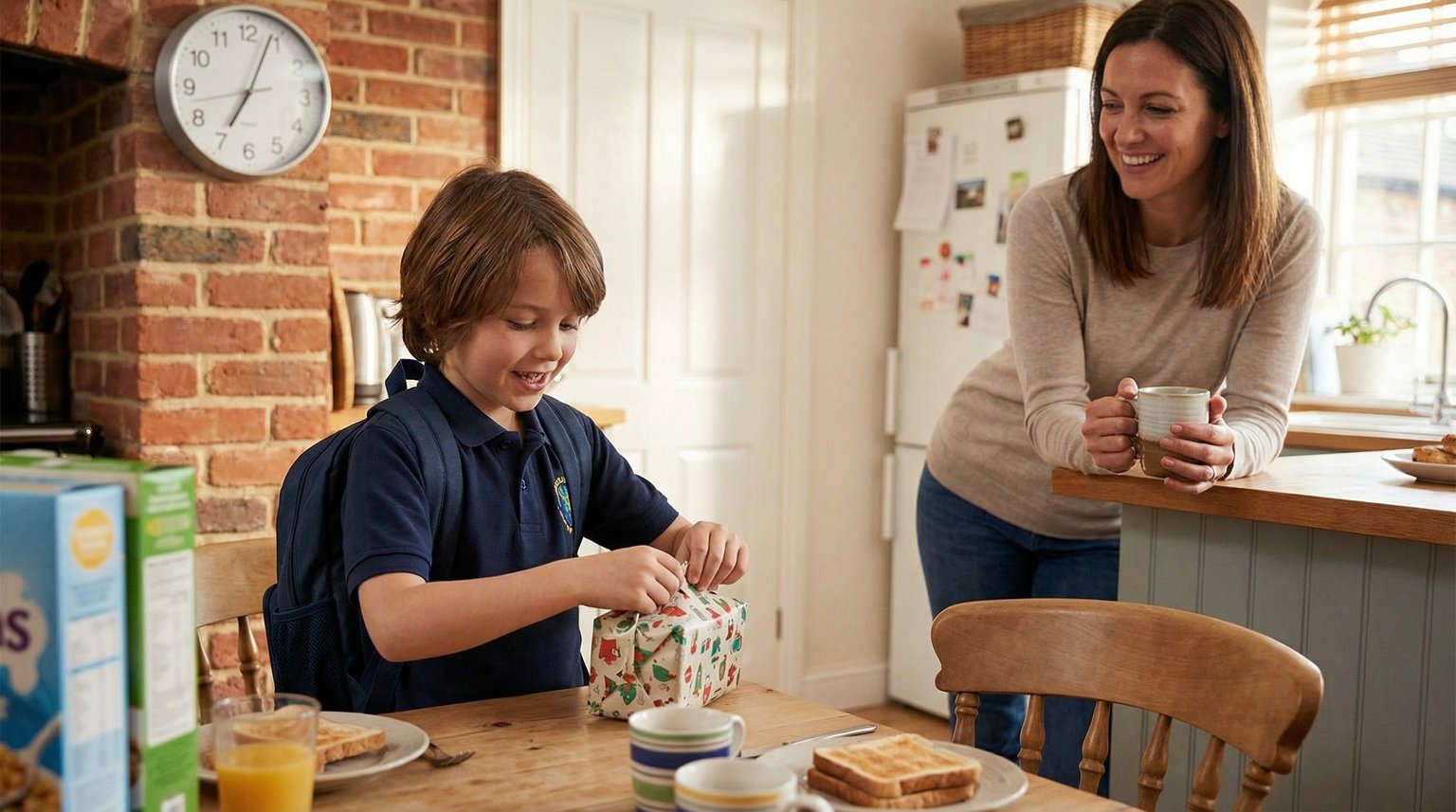 School-age child opening small wrapped present at breakfast table before school with parent watching