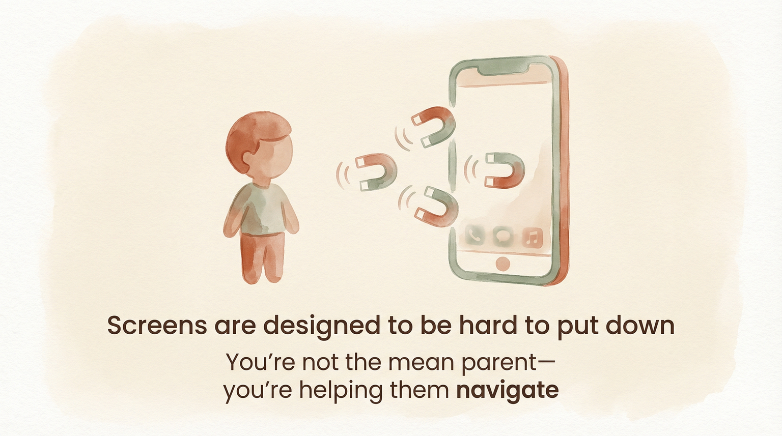 Illustration showing smartphone with magnet symbols pulling toward child figure, representing addictive design