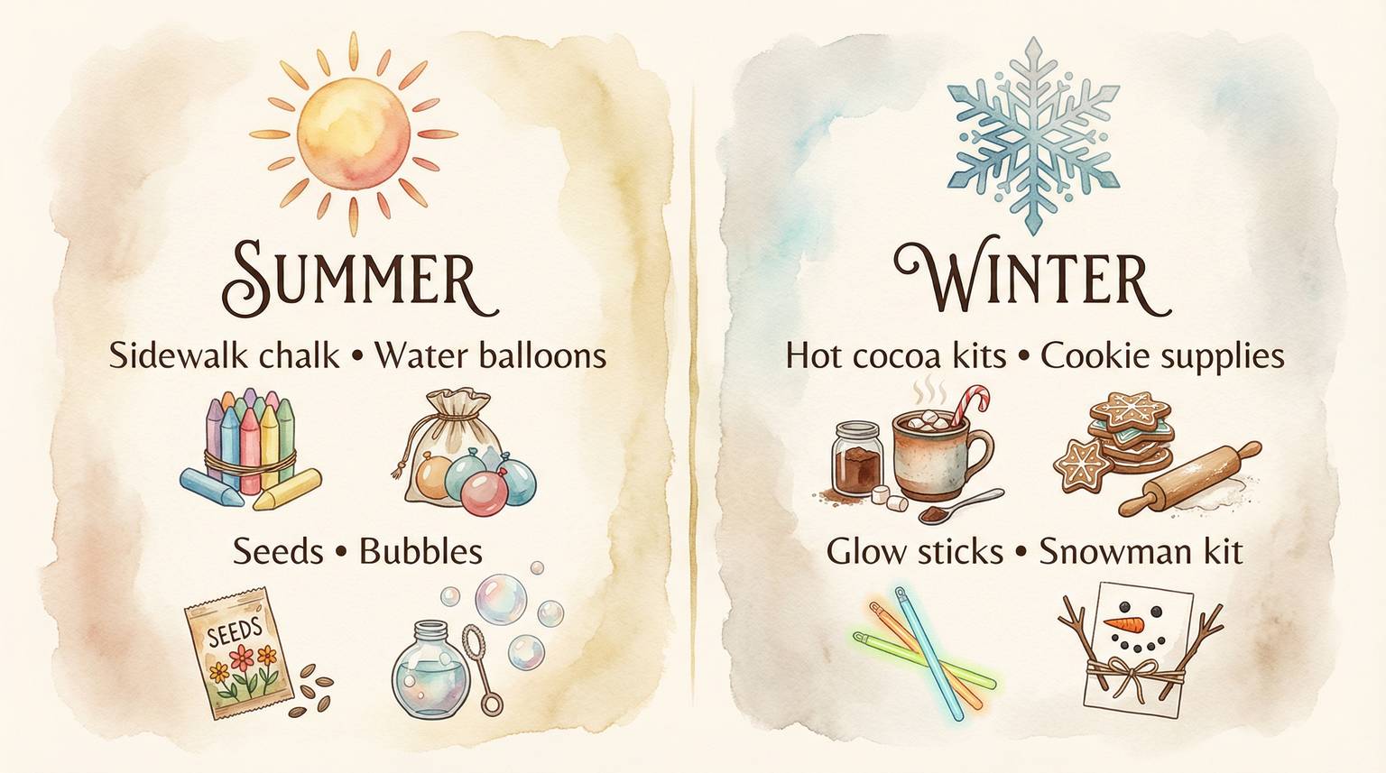Illustrated seasonal consumables showing sidewalk chalk and bubbles for summer, hot cocoa and cookies for winter