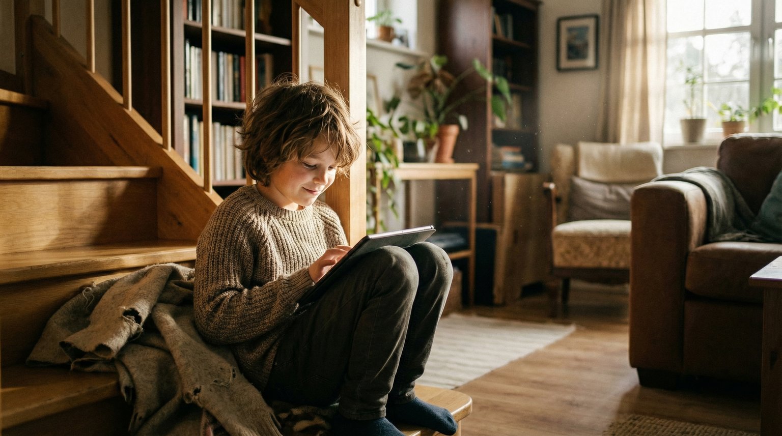 Slightly shy child around age nine sitting alone in quiet corner of home with tablet in lap, soft afternoon light, expression showing comfort and relief