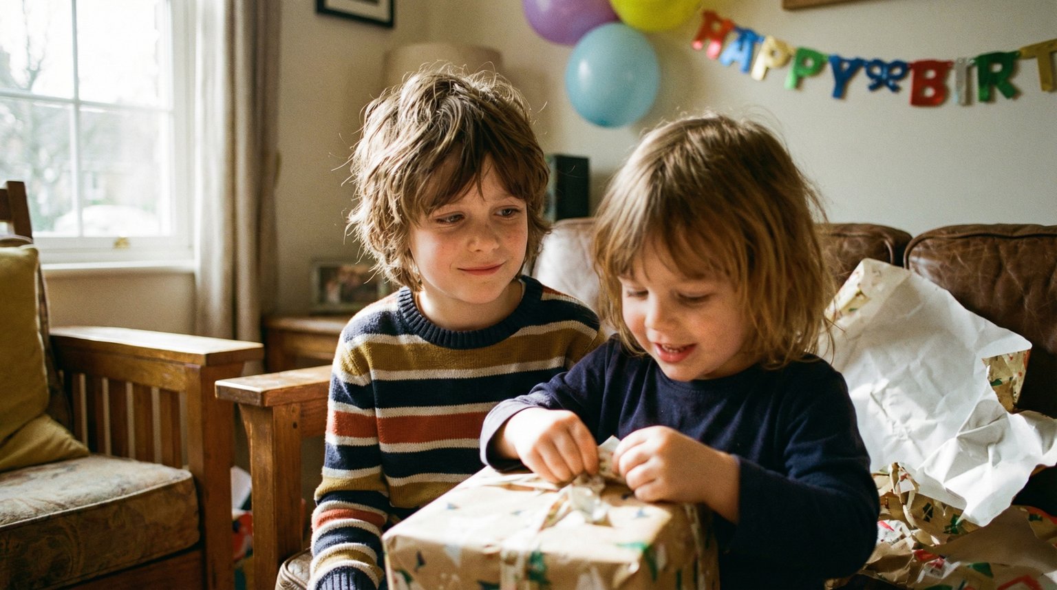 Young child watching sibling open birthday presents with mixed emotions of longing and love