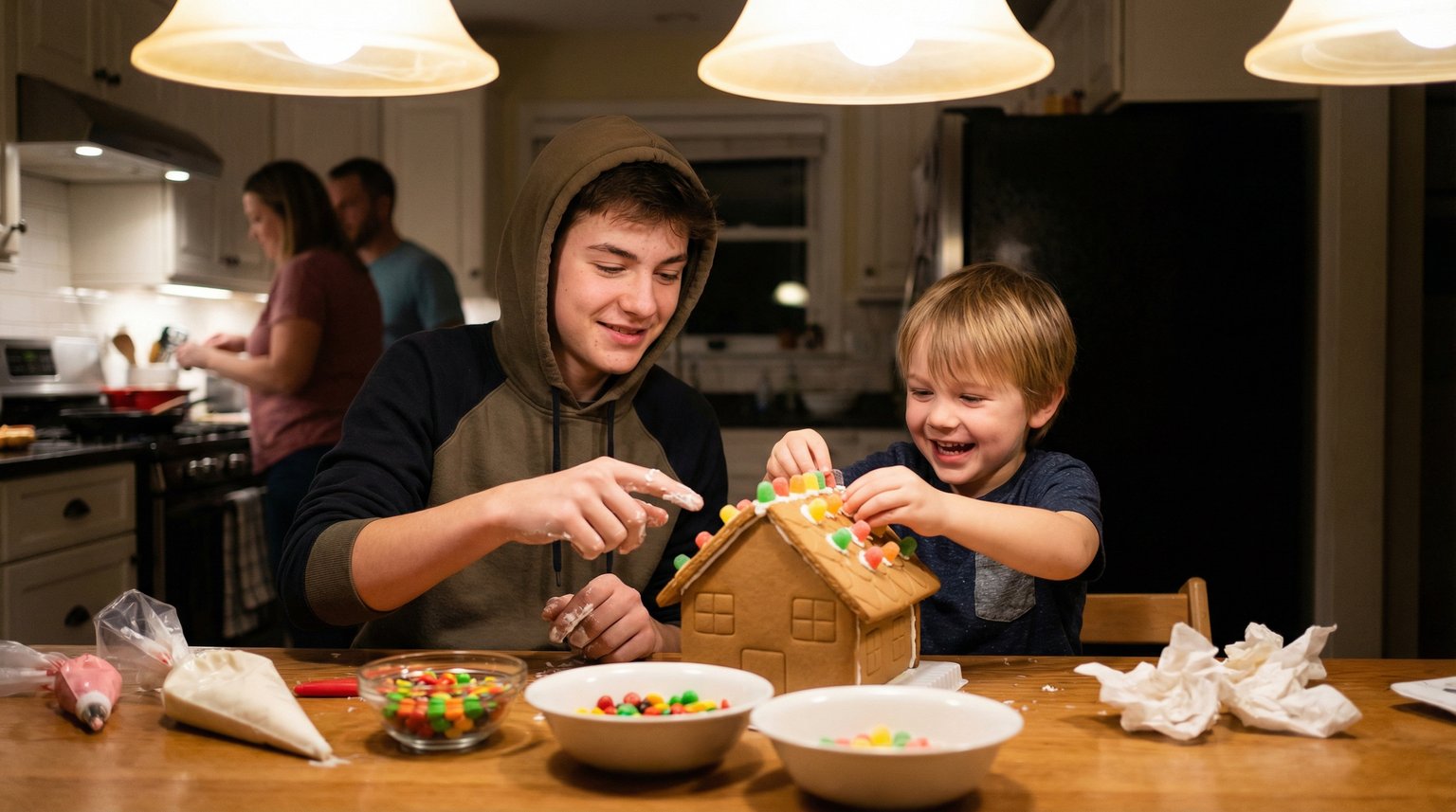Teenager and younger sibling decorating gingerbread house together with genuine engagement and messy icing