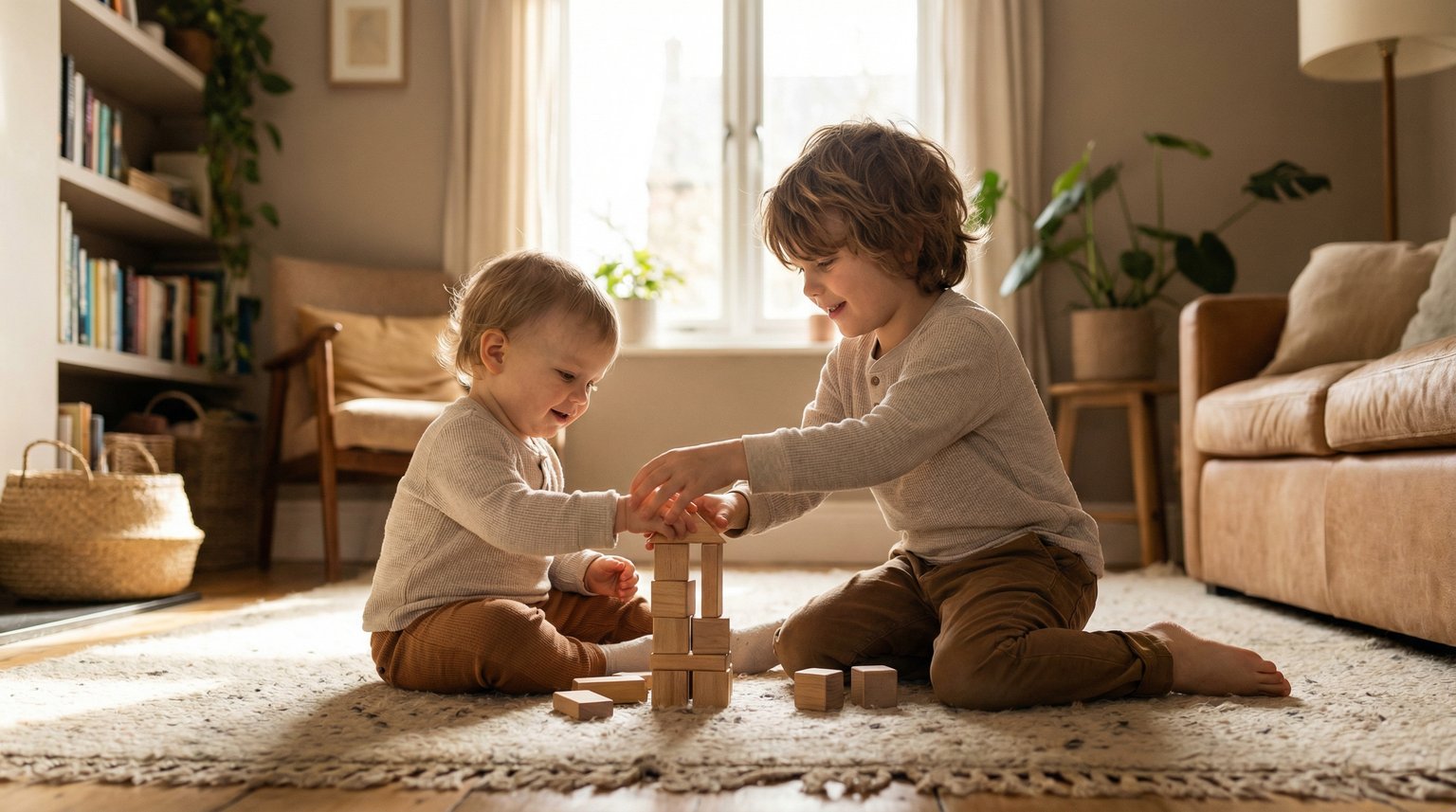 Two siblings of different ages playing together with simple wooden toys on living room rug