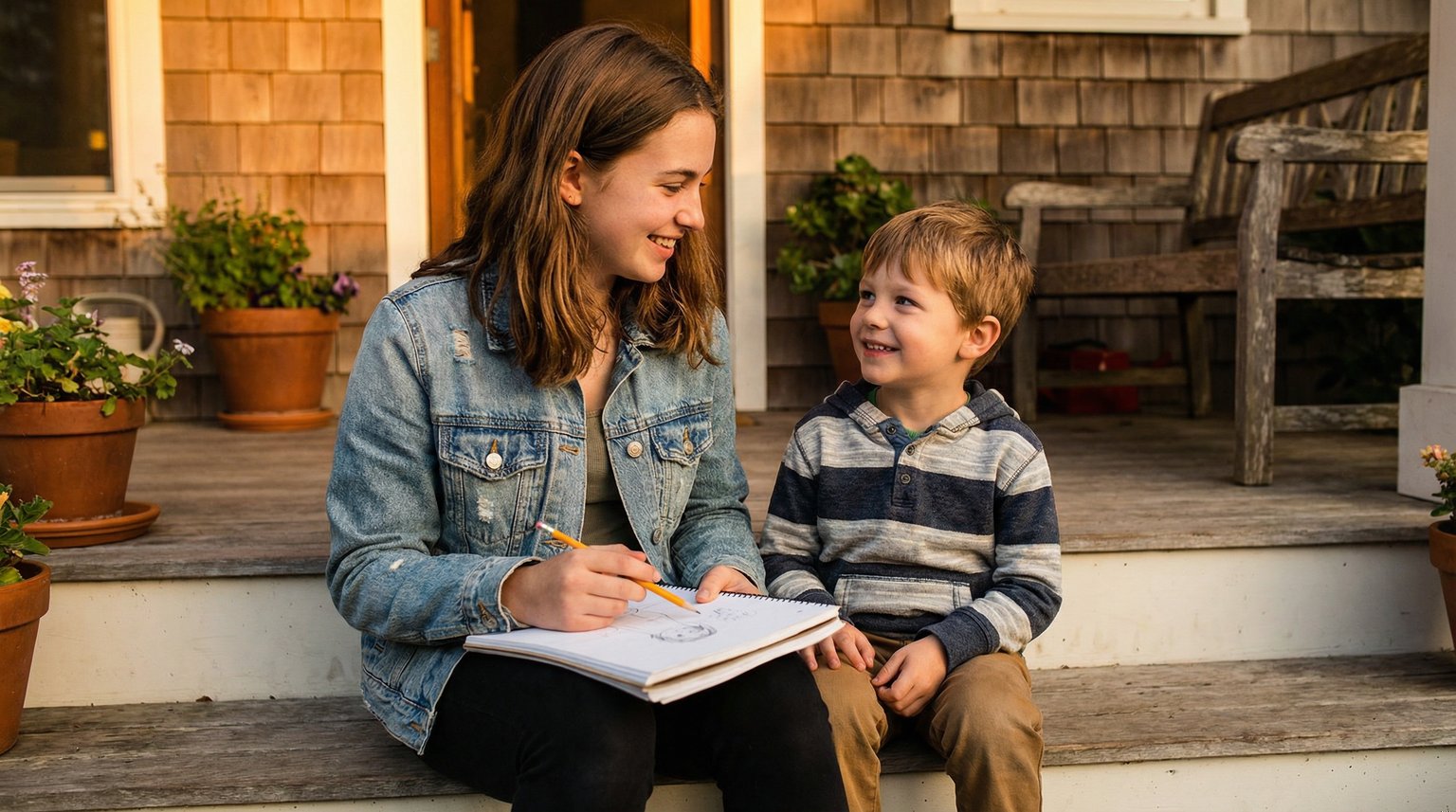 Teenager and younger sibling sitting on porch steps sharing a moment of connection in golden hour light