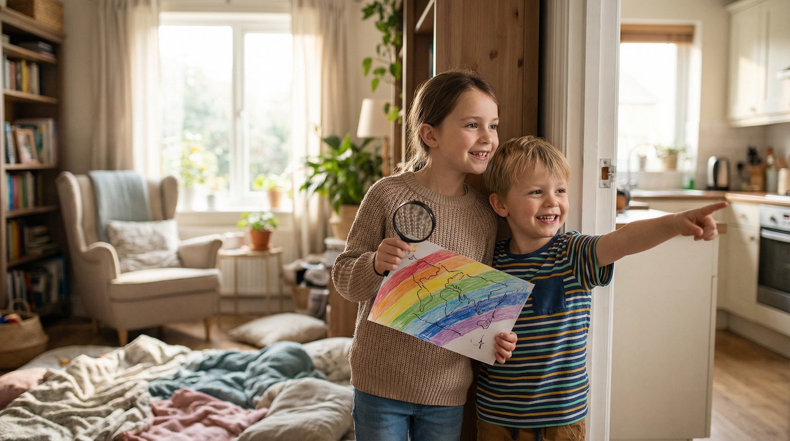 Two siblings working together on scavenger hunt with one holding colorful clue while the other points excitedly