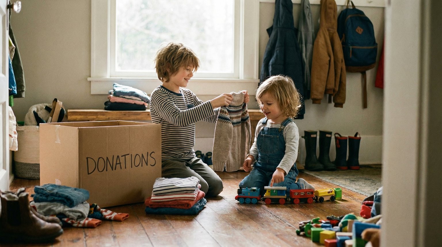 Two siblings of different ages sorting through toys and clothes together near donation box in bright mudroom