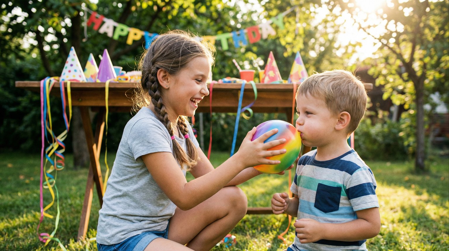 Two siblings laughing together while decorating for birthday party