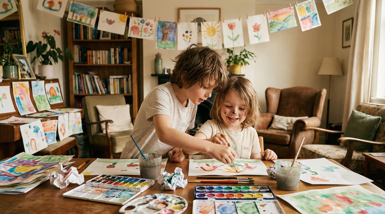 Two siblings doing watercolor painting together at craft table with colorful artwork drying nearby