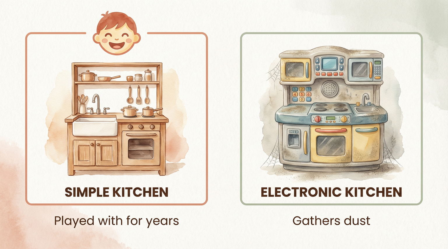 Comparison showing simple wooden play kitchen played with for years versus electronic kitchen gathering dust