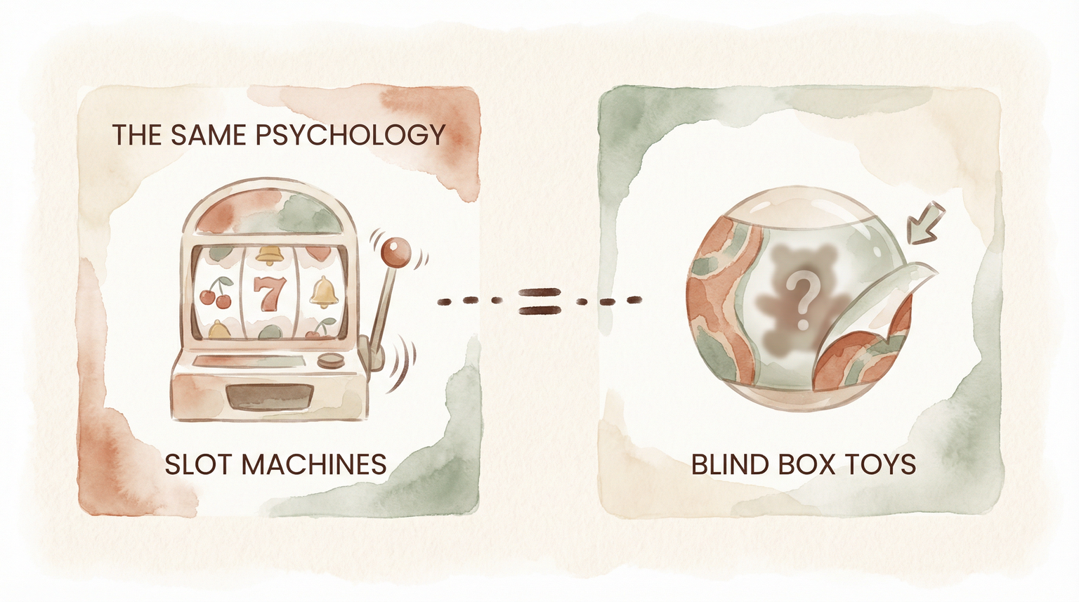 Illustration comparing slot machine psychology to blind box toy mechanics side by side