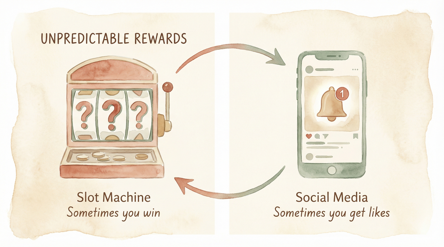 Illustration comparing slot machine and smartphone showing identical unpredictable reward patterns
