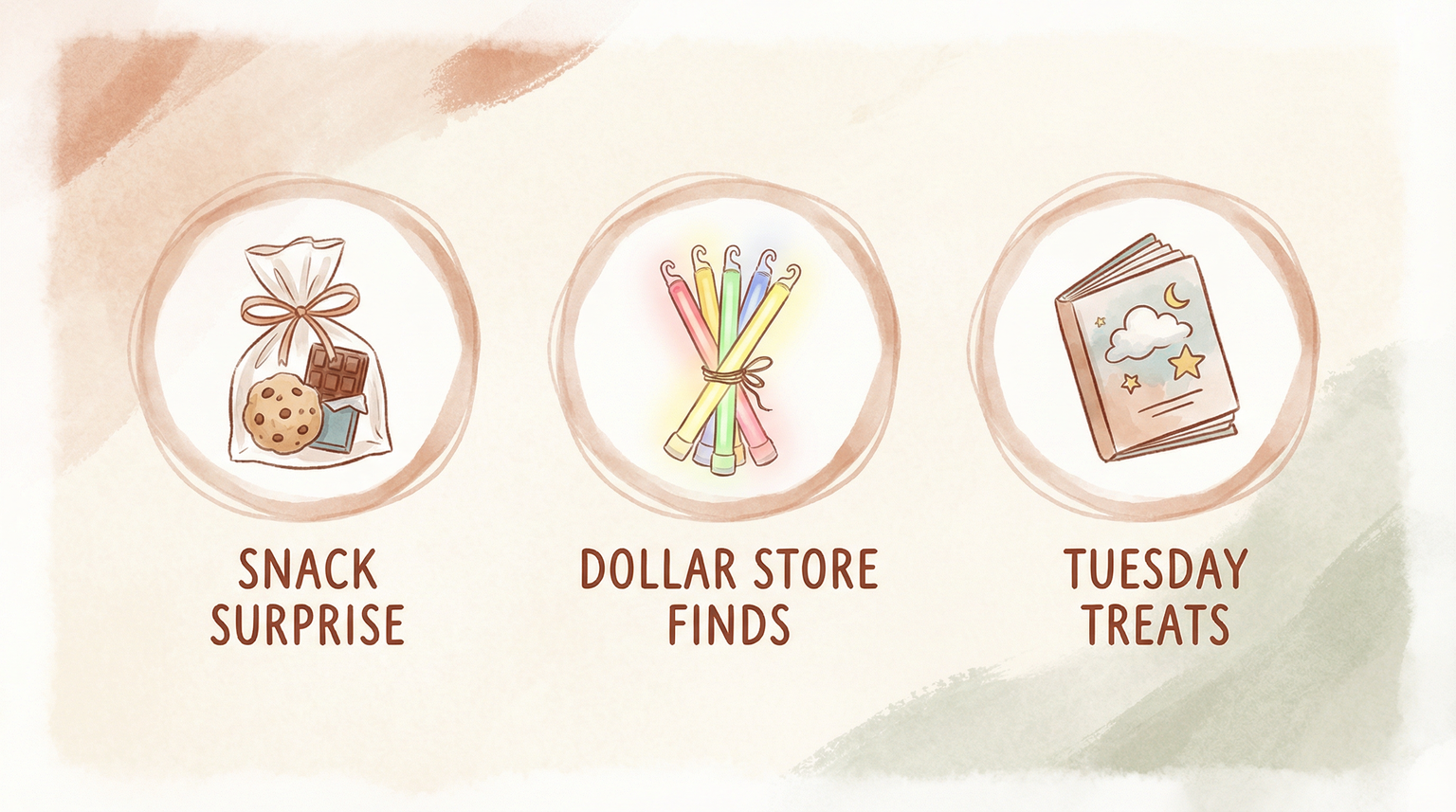 Simple surprise gift ideas including wrapped snacks, glow sticks, and small books