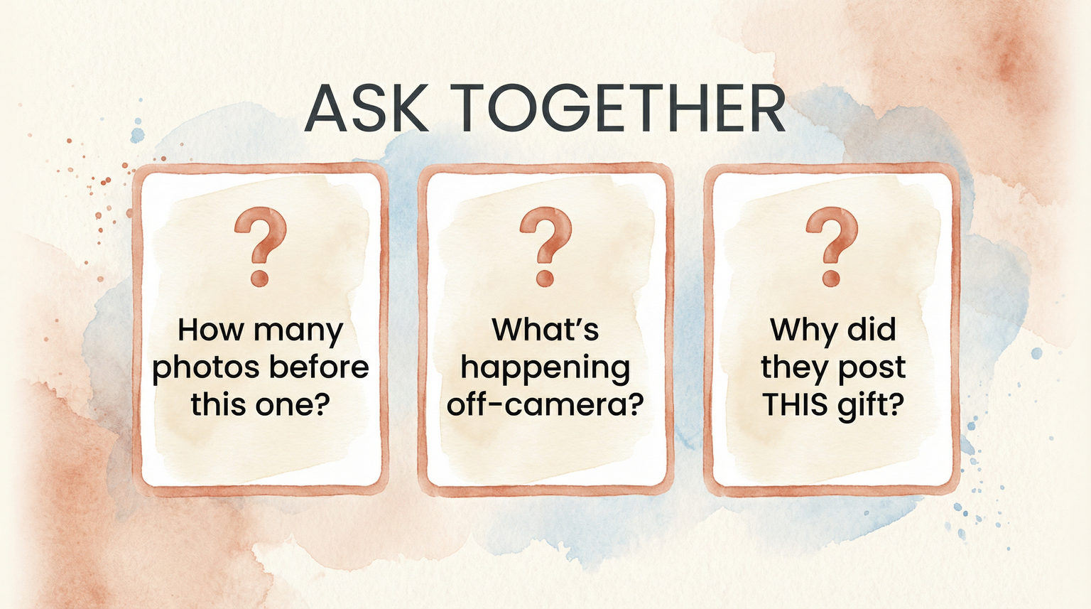 Infographic showing three questions to ask kids about social media posts together