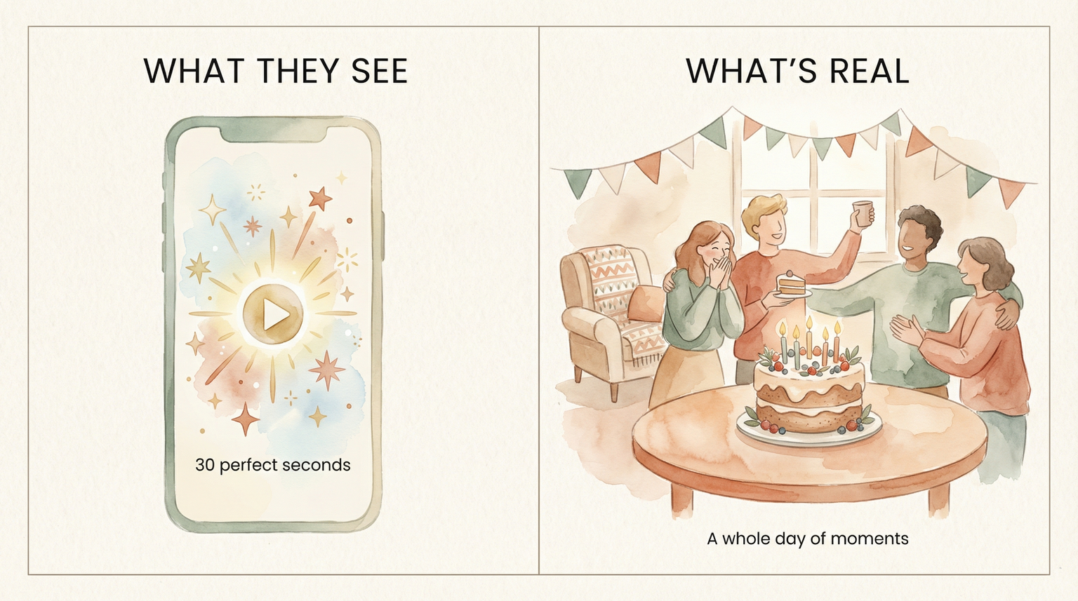 Illustrated comparison showing curated perfect party image on phone screen versus messy behind-the-scenes reality
