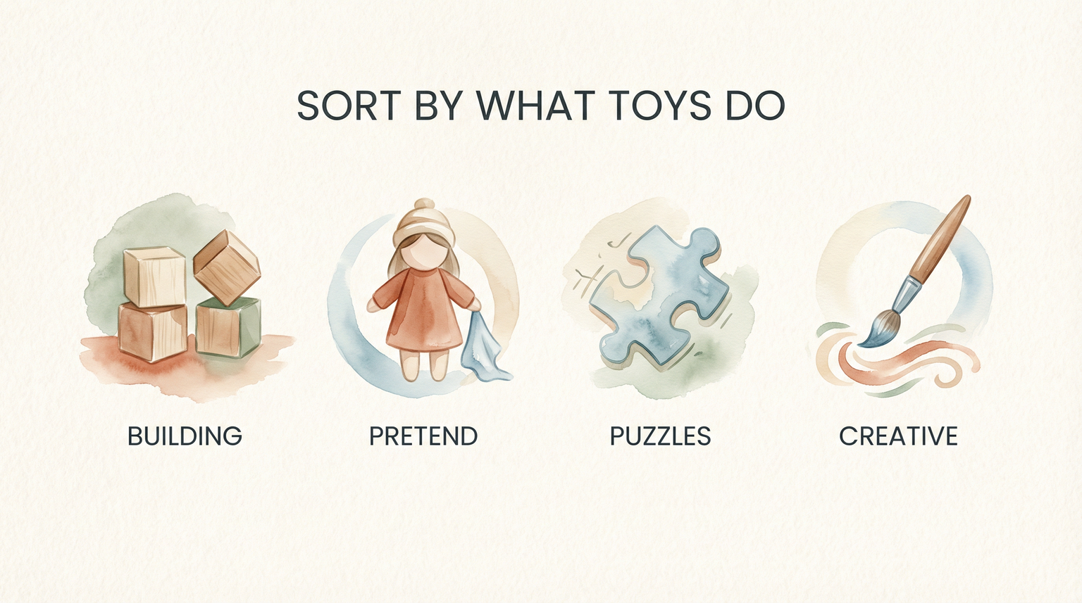 Four toy category icons showing building blocks, pretend play doll, puzzle piece, and paintbrush