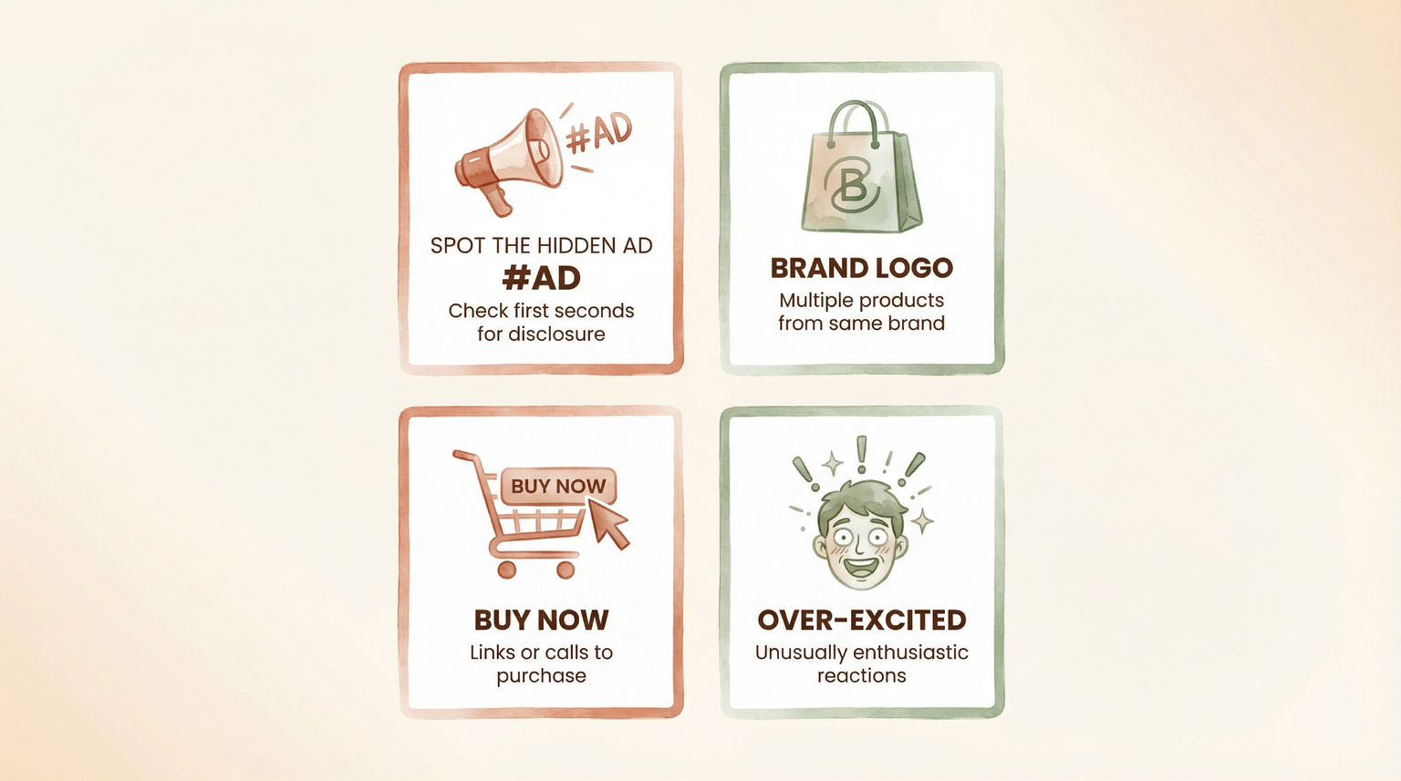 Four-part guide showing how to spot hidden ads including checking for disclosure, brand logos, buy links, and over-excited reactions