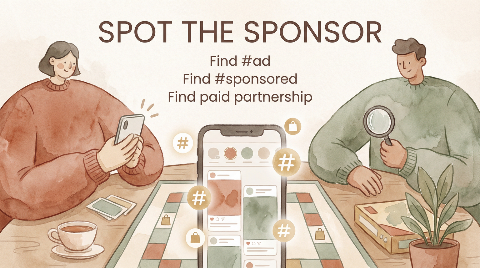 Illustrated game concept showing Spot the Sponsor with prompts to find #ad #sponsored and paid partnership
