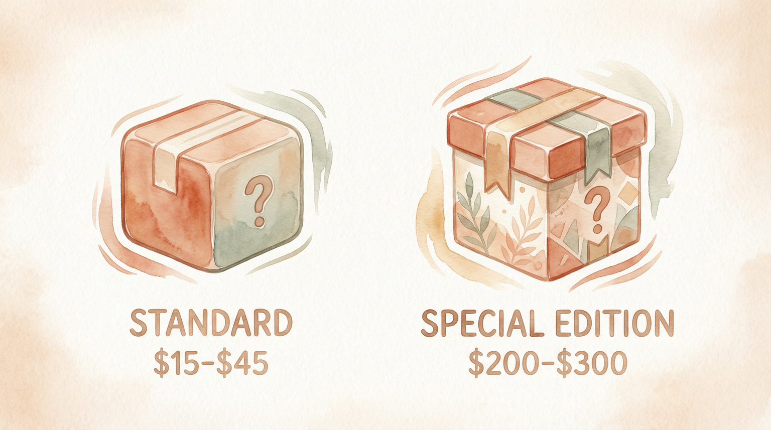 Price comparison showing standard blind boxes at $15-$45 versus special editions at $200-$300