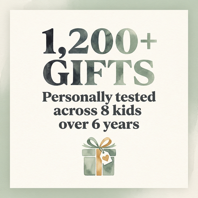 Stat showing 1200+ gifts personally tested across 8 kids over 6 years