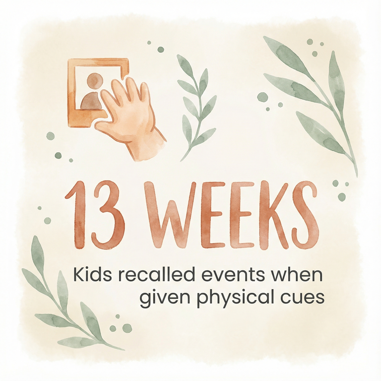 Stat showing kids recalled events 13 weeks later when given physical cues