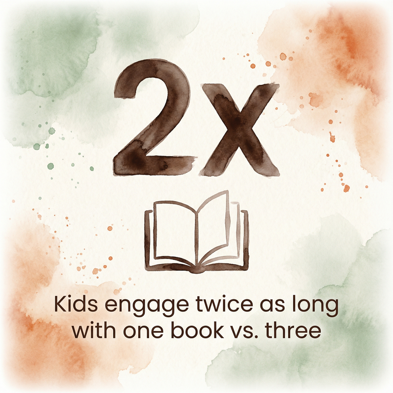 Statistic showing kids engage twice as long with one book versus three books