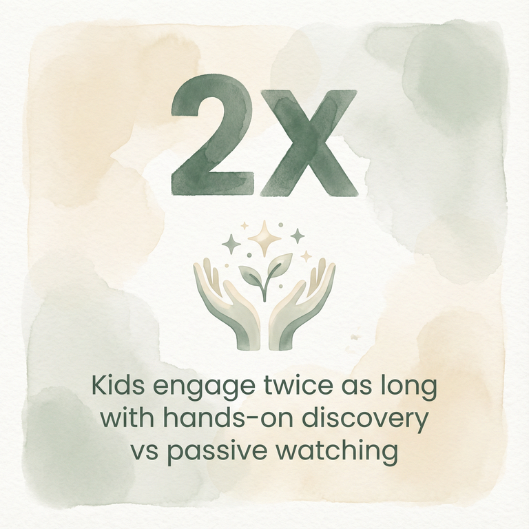 Stat showing kids engage twice as long with hands-on discovery versus passive watching