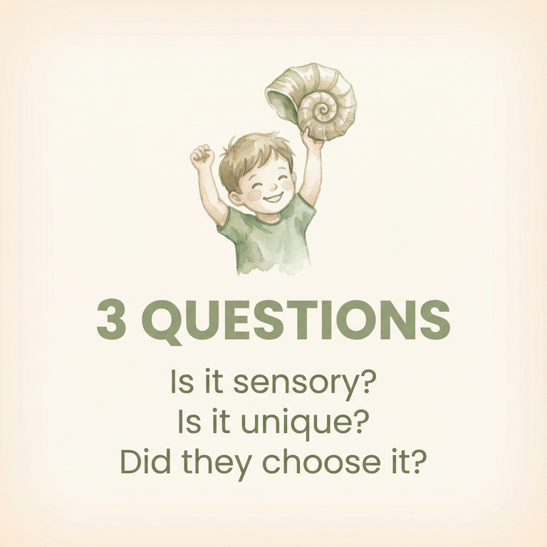 Three questions for choosing souvenirs asking if item is sensory unique and child-chosen