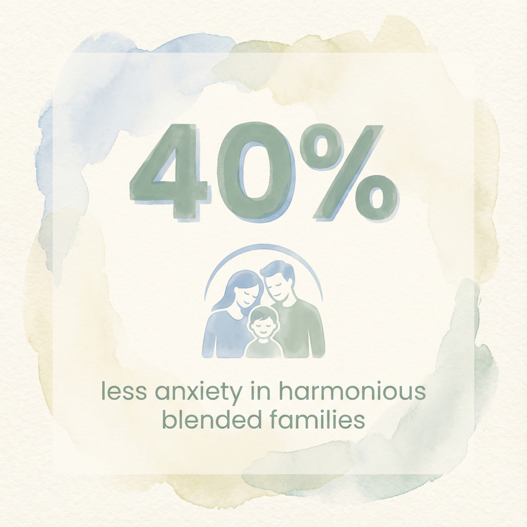 Statistic showing 40 percent less anxiety in children from harmonious blended families