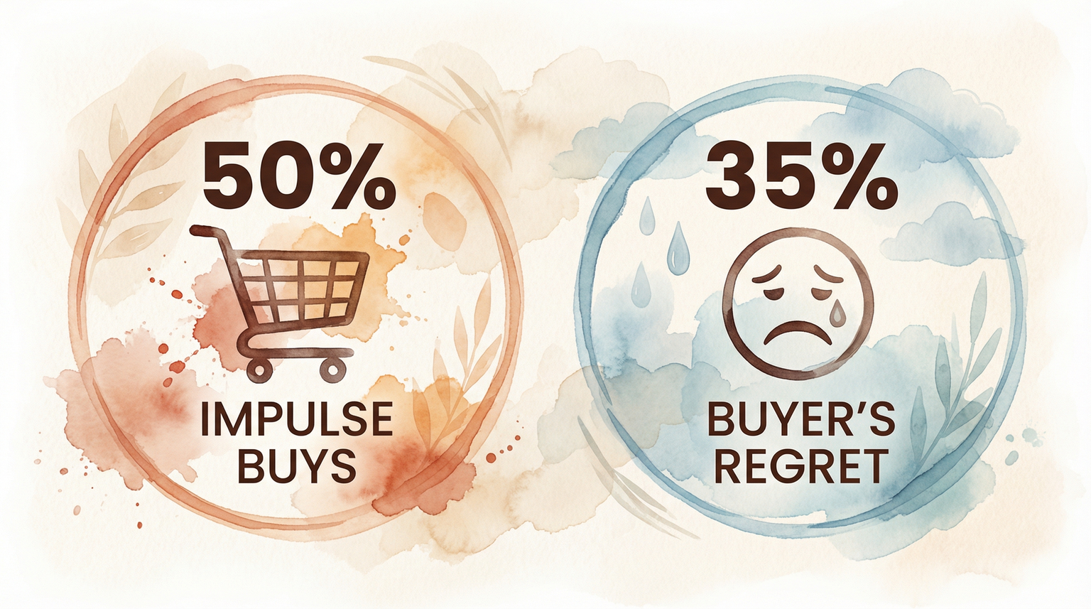 Infographic showing 50 percent impulse buys and 35 percent buyer regret statistics