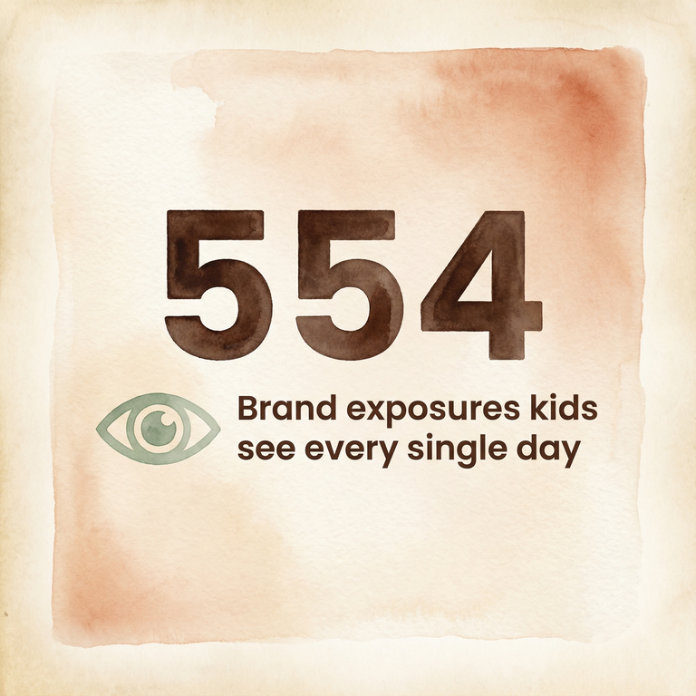 Stat showing 554 brand exposures kids see every single day according to Lancet research