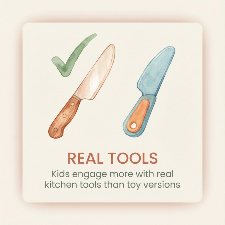 Illustration comparing real kid-safe knife versus plastic toy knife with checkmark over real one