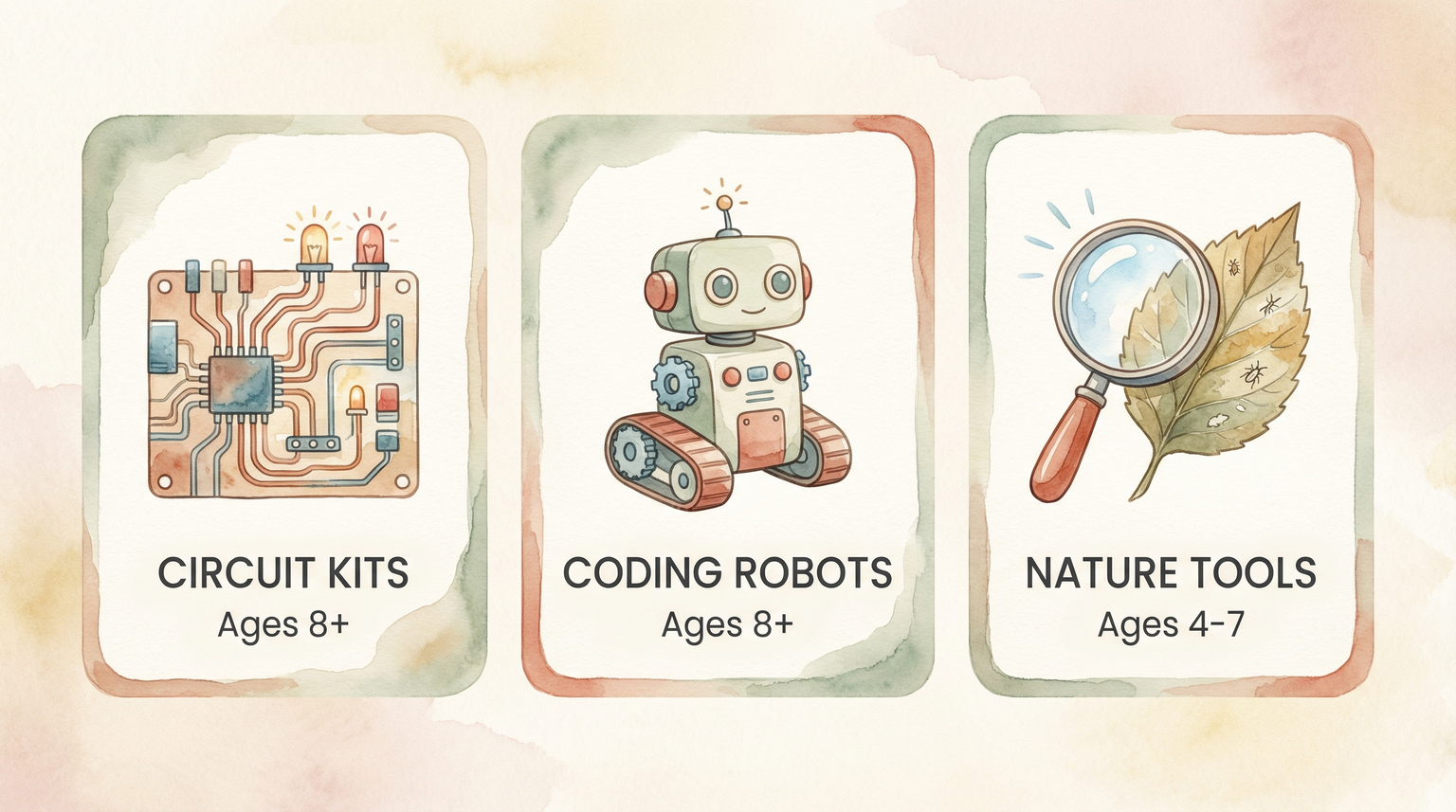 Infographic showing STEM toy categories with age ranges for circuit kits, coding robots, and nature tools
