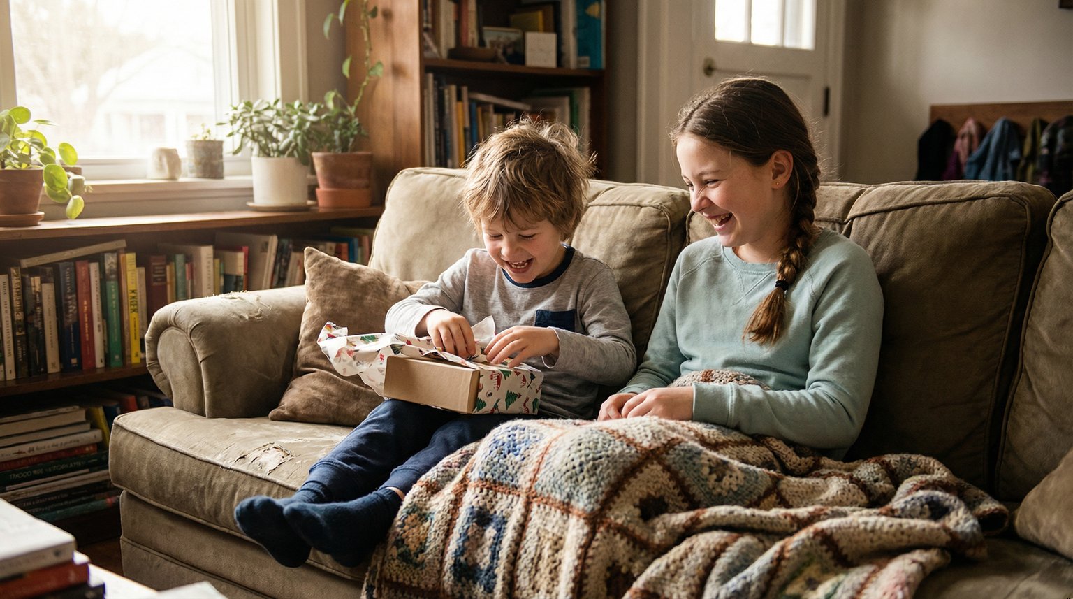 Two step-siblings laughing together on couch while one opens small wrapped gift from the other