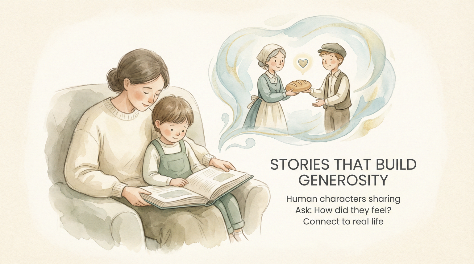 Illustration of parent and child reading together with thought bubble showing characters sharing