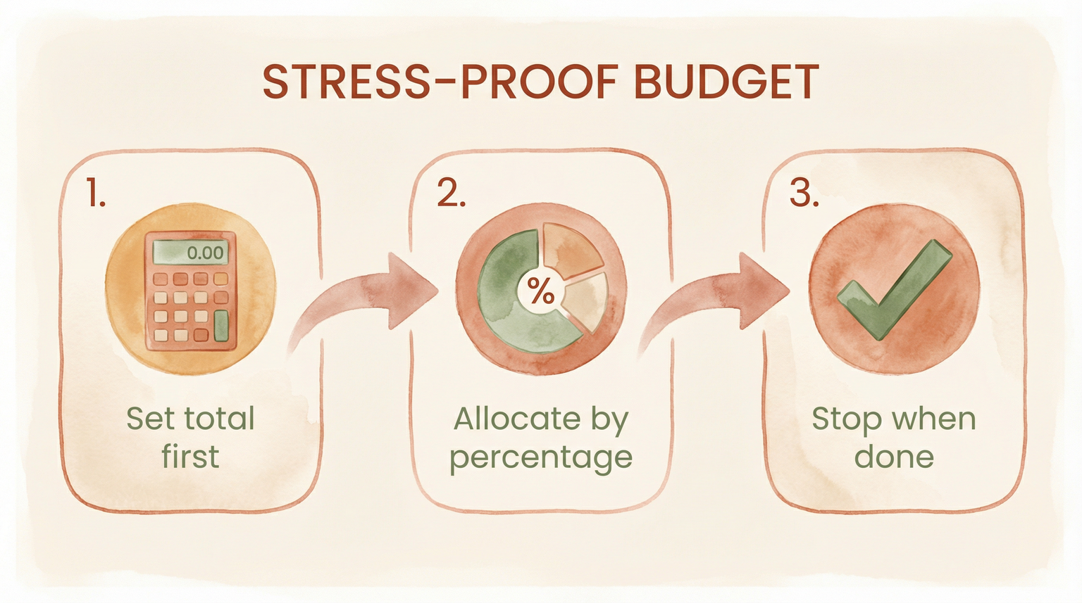 Three step process for stress-proof budgeting set total first allocate by percentage stop when done