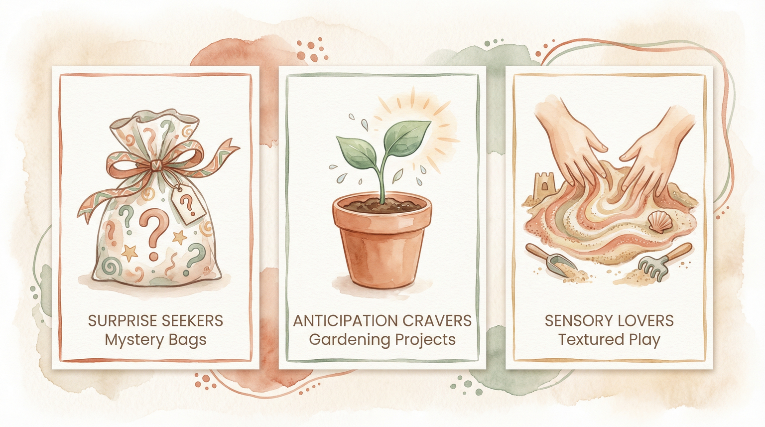 Three-panel infographic showing mystery bags, gardening projects, and textured play alternatives