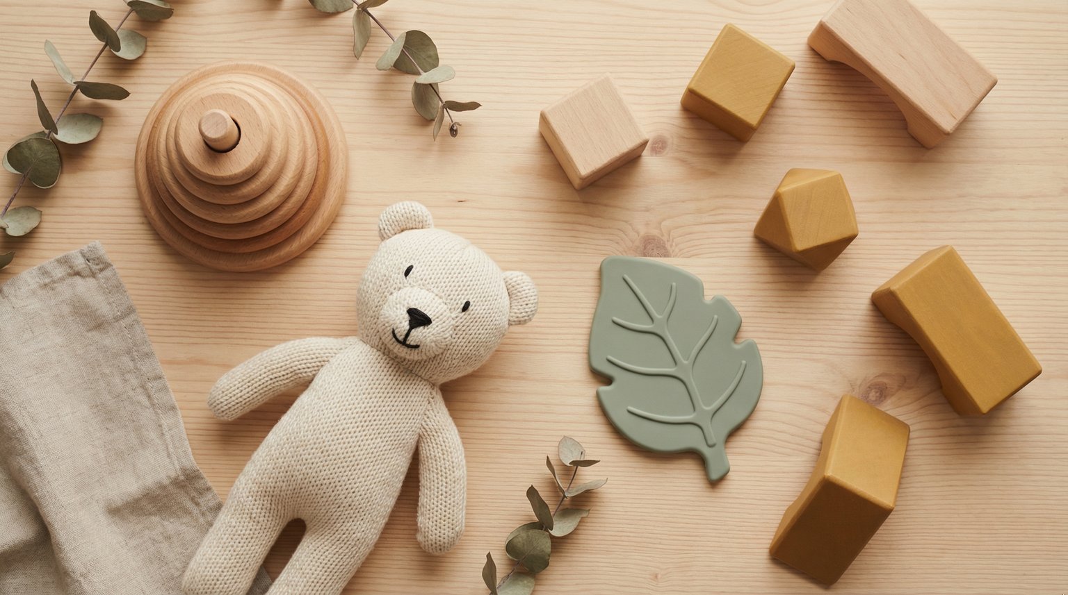 Flatlay of sustainable toy materials including wooden blocks, organic cotton stuffed animal, and silicone teether