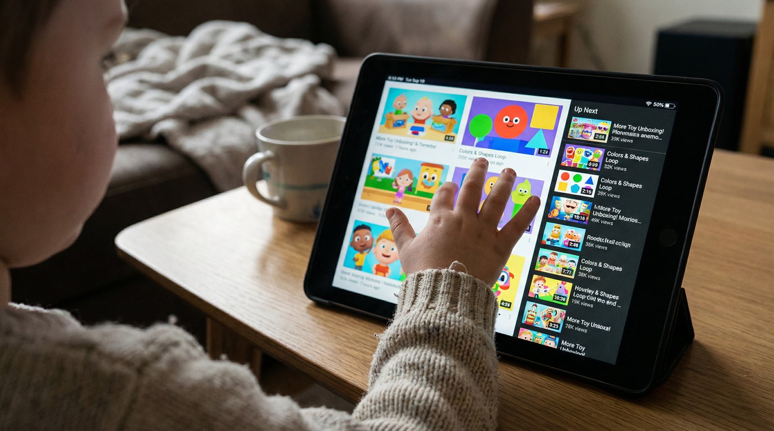 Over-the-shoulder view of tablet showing grid of colorful video thumbnails with child's hand hovering to select