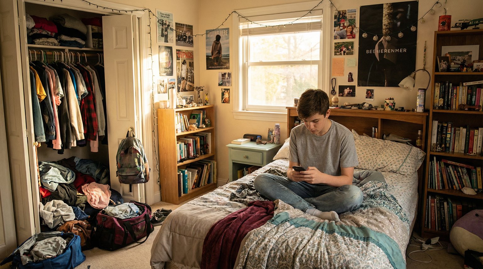 Teenager in messy bedroom with open closet full of clothes while wearing simple casual basics