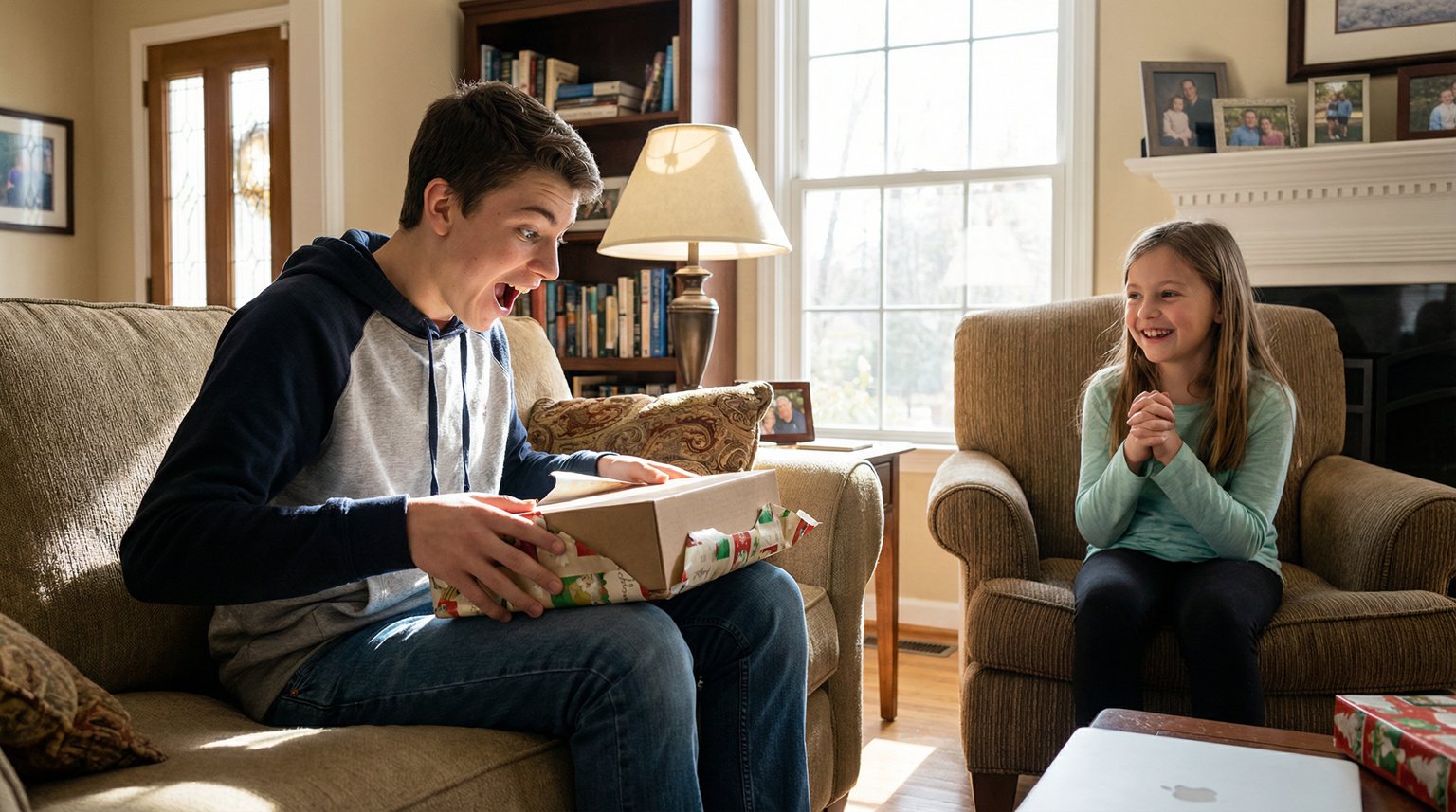 Teenage boy opening gift with genuine surprise while younger sister watches proudly