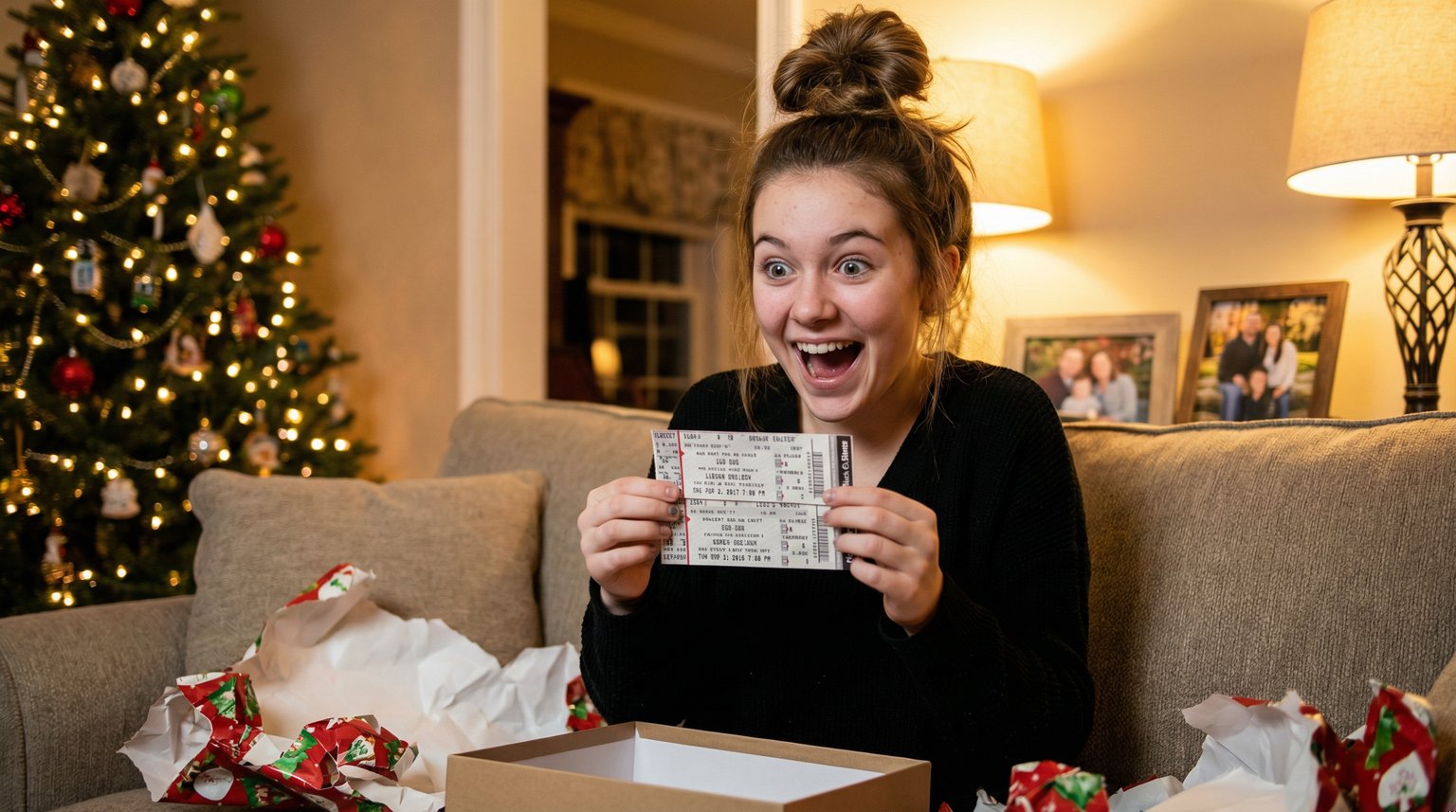Teenage girl excitedly looking at concert tickets she just unwrapped with genuine thrill