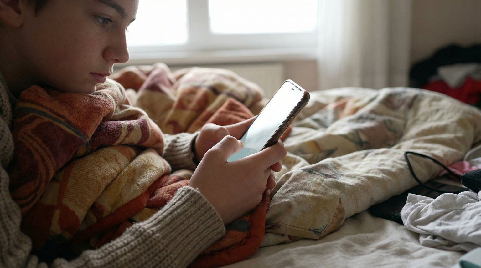 Teen hands holding glowing smartphone while lying on bed in afternoon light
