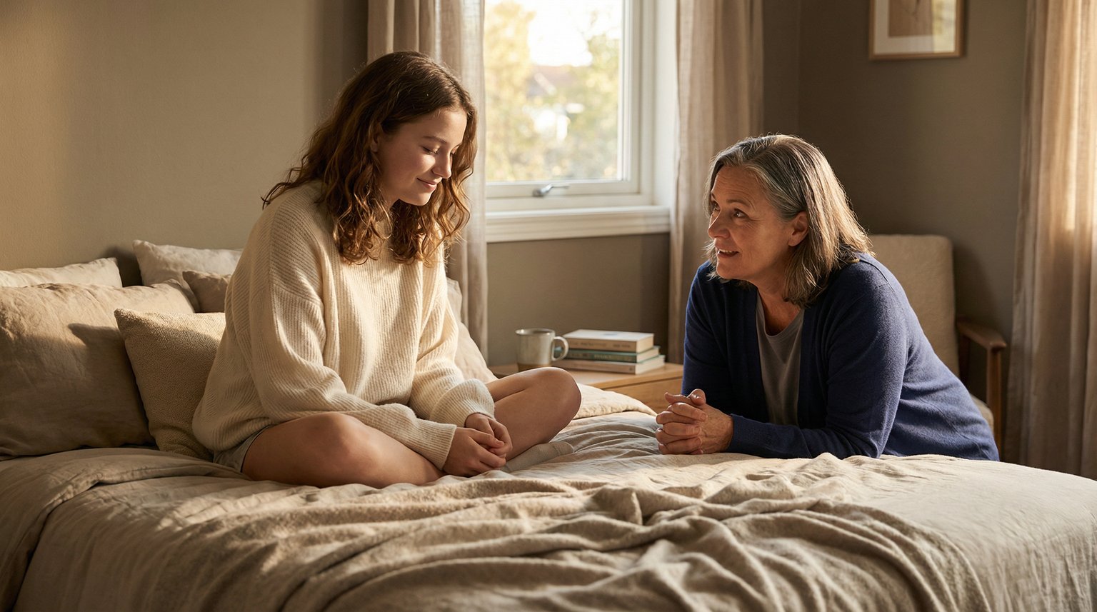 Teenage girl having thoughtful conversation with parent sitting on bed in soft afternoon light