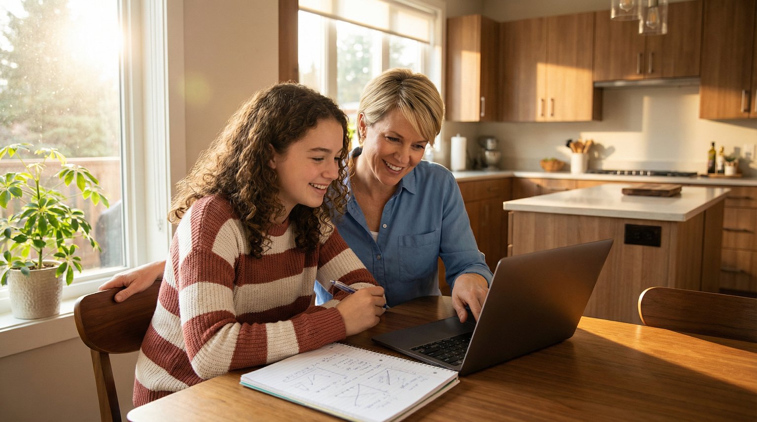 Teenage girl and parent collaborating over laptop at kitchen table discussing plans