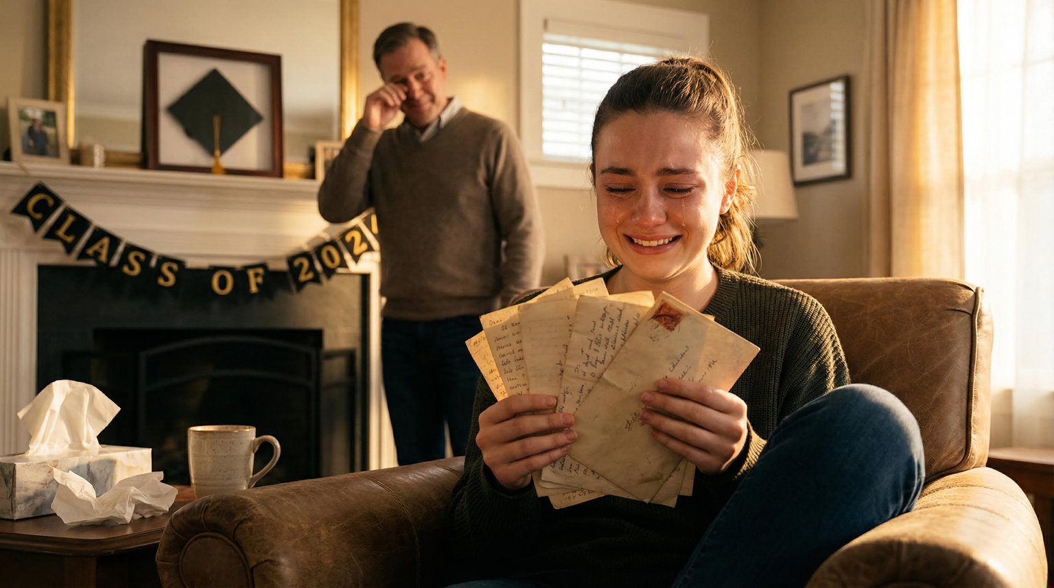 Young adult around 18 reading stack of handwritten letters with tears of joy and soft smile