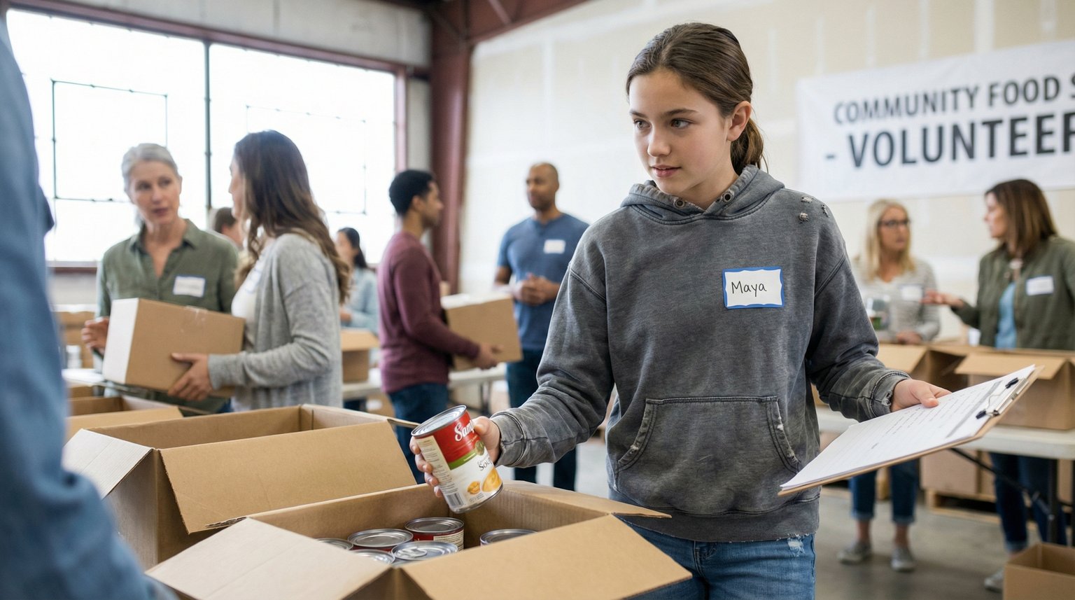Young teenager around 13 sorting donations at community event looking engaged and purposeful