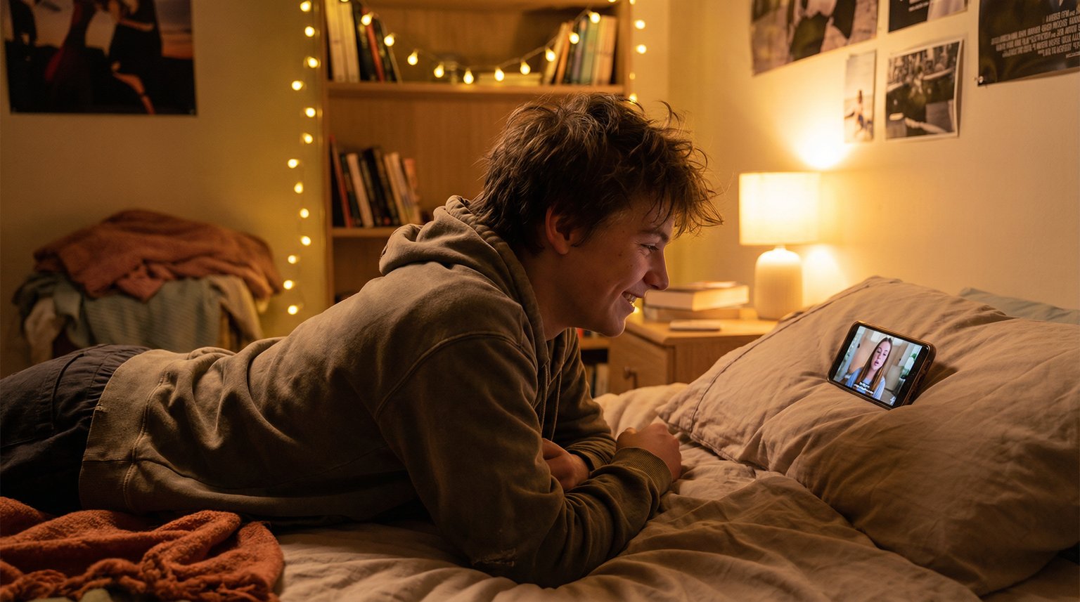 Teenager lying on bed watching phone with warm connected expression like watching a friend