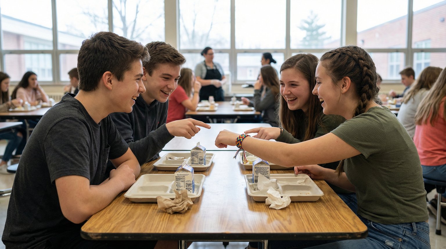 Teenage girls at school lunch table without phones, animatedly discussing item one friend is showing off
