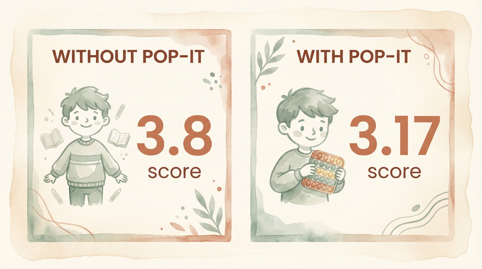 Comparison chart showing test score of 3.8 without pop-it versus 3.17 with pop-it