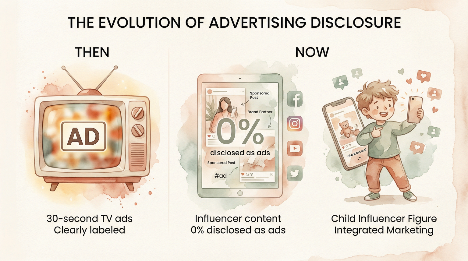 Comparison showing TV ads were clearly labeled while influencer content has zero percent disclosure